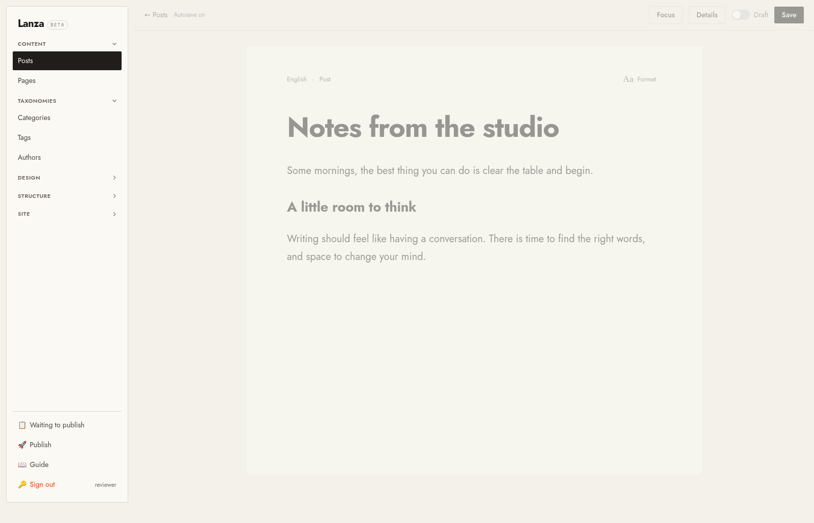 Lanza’s rich-body editor showing an article with a clear title and writing area, with Format and Details available on demand.